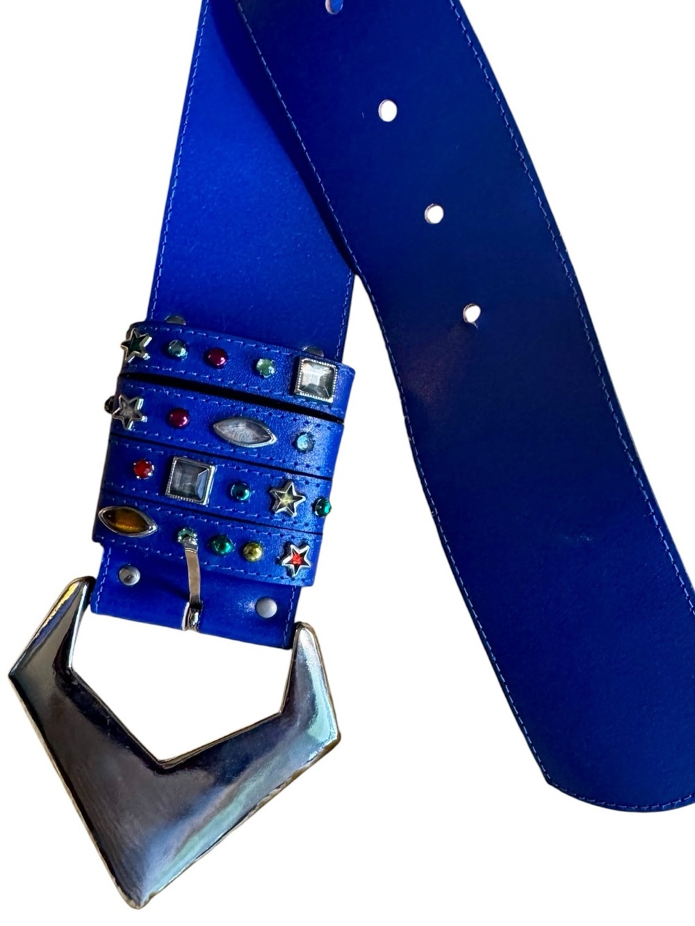 Vtg 80s Periwinkle Leather Jeweled Statement Belt S/M Studs Blue Purple